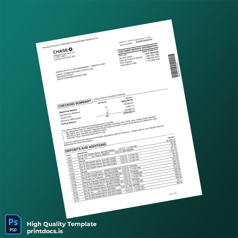 USA Chase Business Bank Statement Template in Word and PDF formats