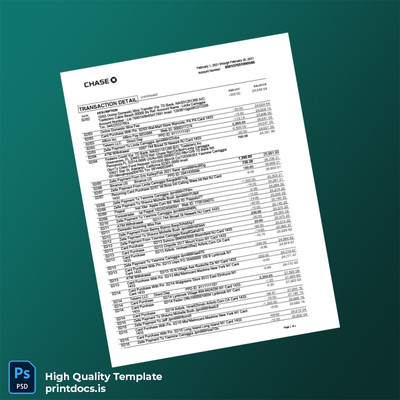 USA Chase College Checking Statement Template in Word and PDF formats page 2