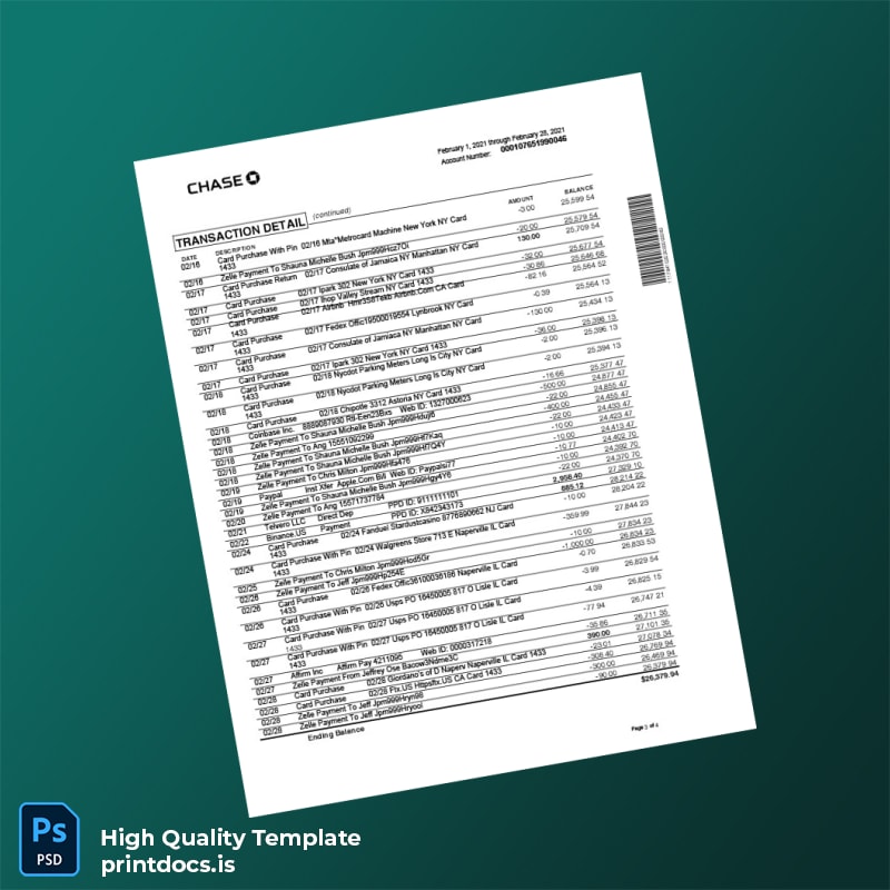 USA Chase College Checking Statement Template in Word and PDF formats page 3