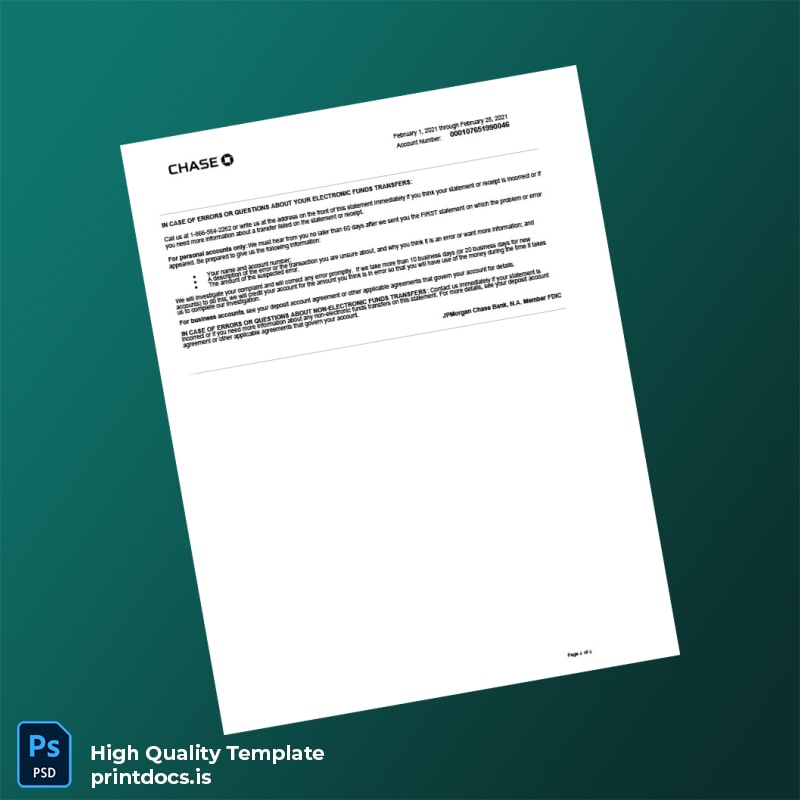 USA Chase College Checking Statement Template in Word and PDF formats page 4