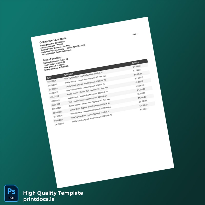 USA Commerce Trust Bank Statement Template in Word and PDF formats
