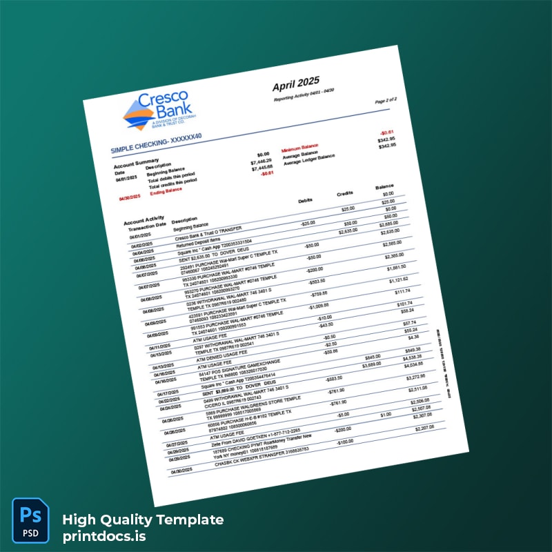 USA CrescoBank Account Statement Template in Word and PDF formats page 2