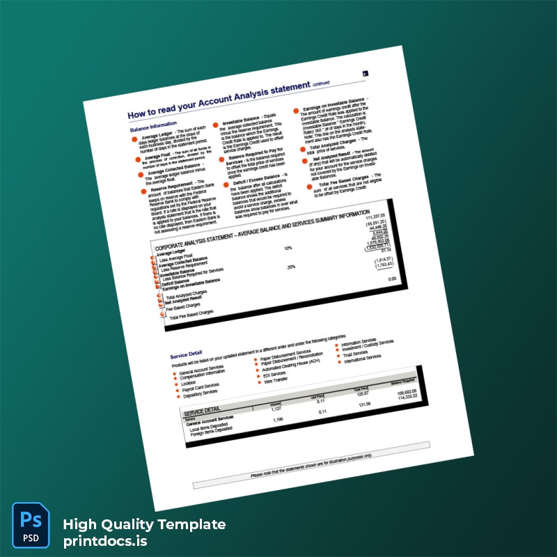 USA Eastern Bank Account Analysis Statement Template in Word and PDF formats page 2