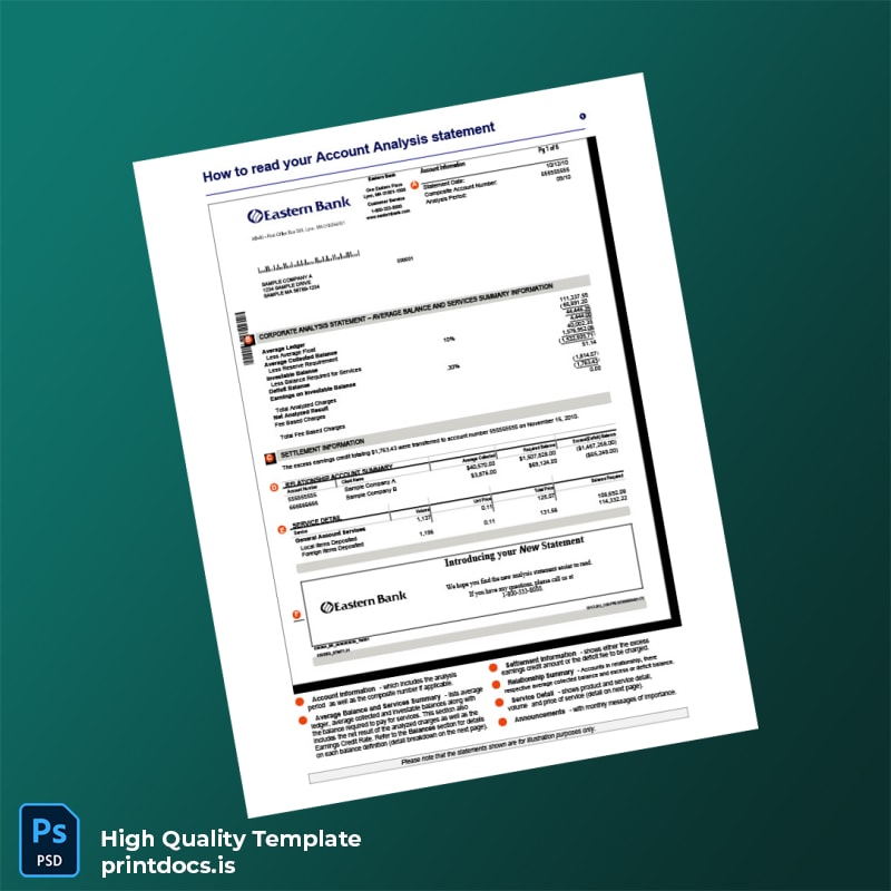USA Eastern Bank Account Analysis Statement Template in Word and PDF formats