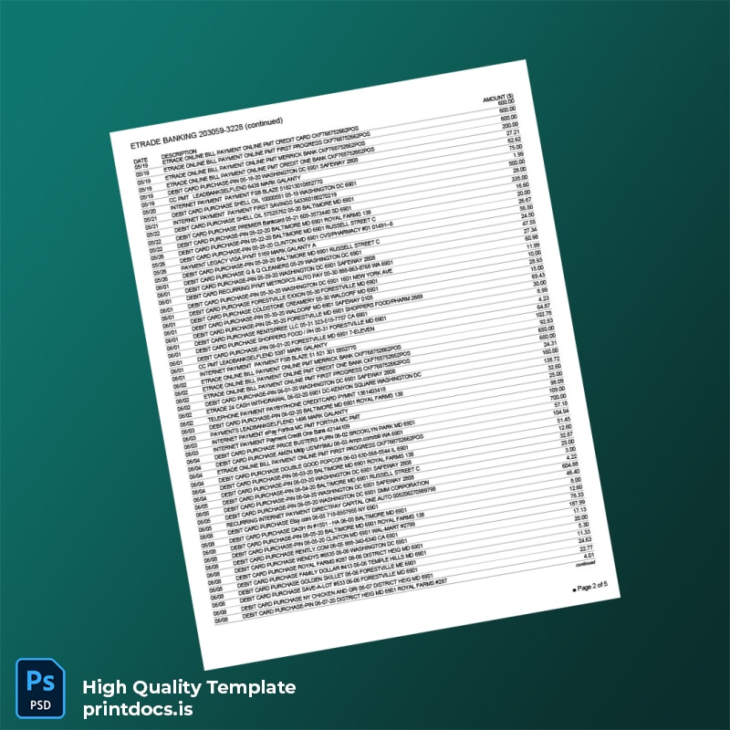 USA Etrade Bank Statement Template in Word and PDF formats page 2