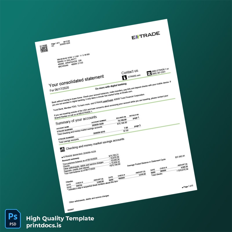 USA Etrade Bank Statement Template in Word and PDF formats