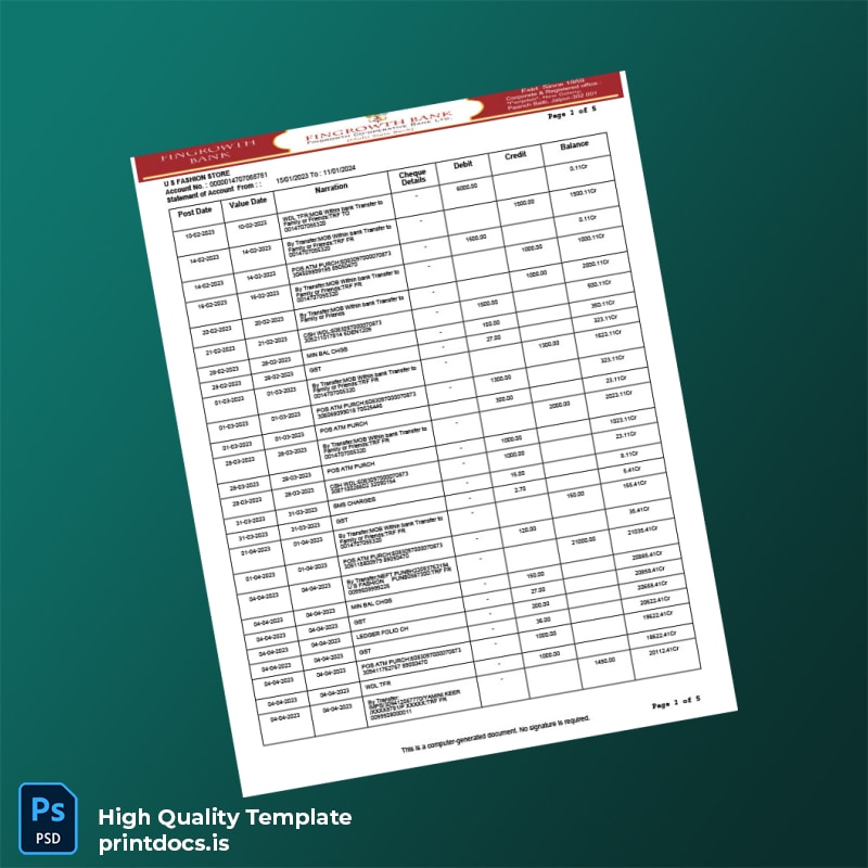 USA Fingrowth Bank Statement Template in Word and PDF formats page 2