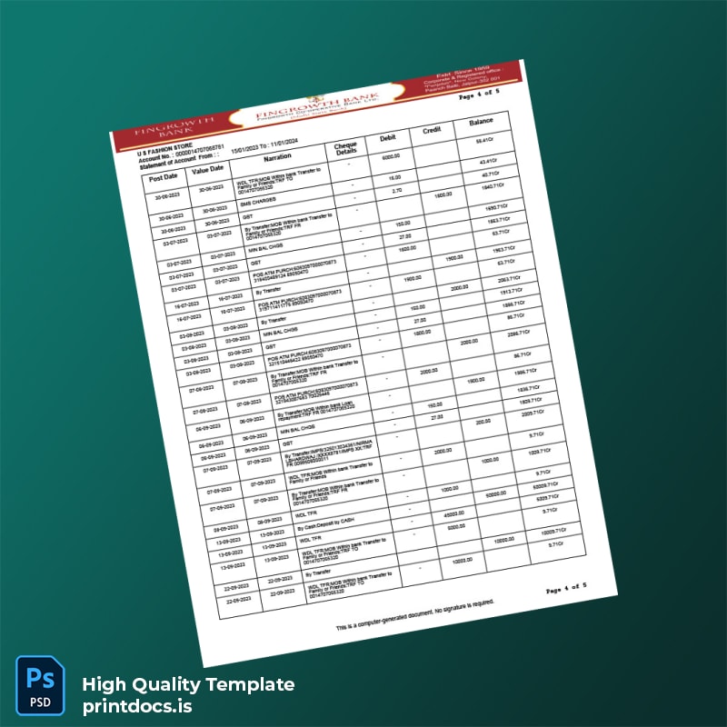 USA Fingrowth Bank Statement Template in Word and PDF formats page 4