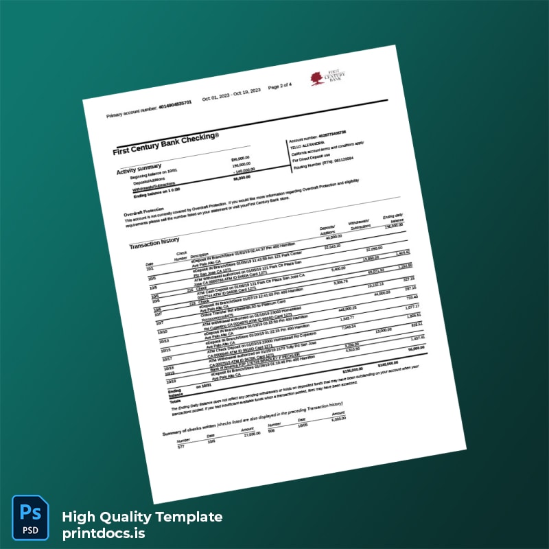 USA First Century Bank Statement Template in Word and PDF formats page 2