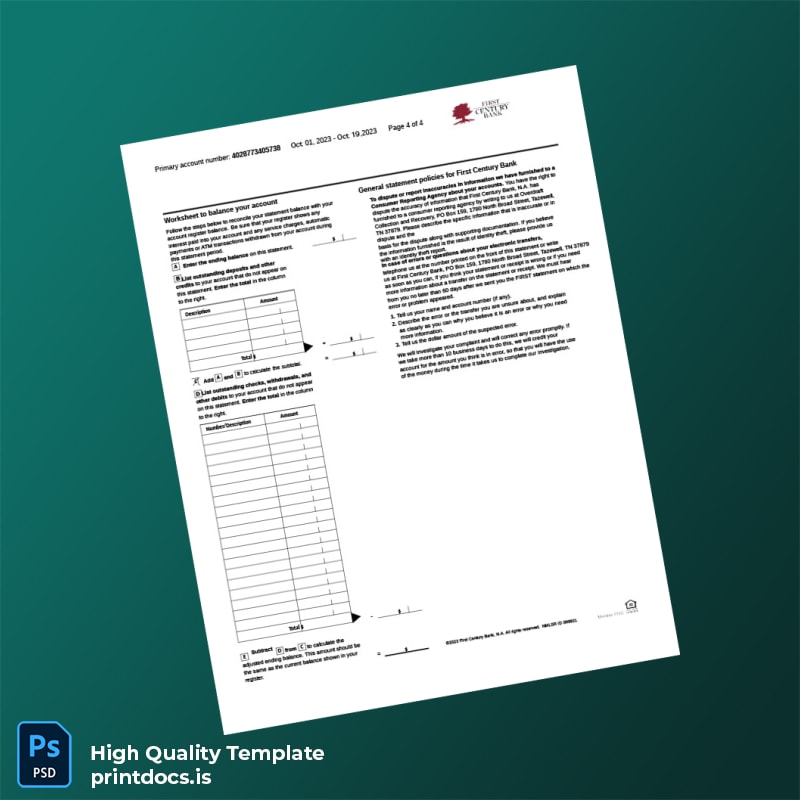 USA First Century Bank Statement Template in Word and PDF formats page 4