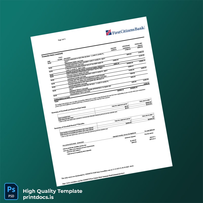 USA First Citizens Bank Statement Template in Word and PDF formats page 3