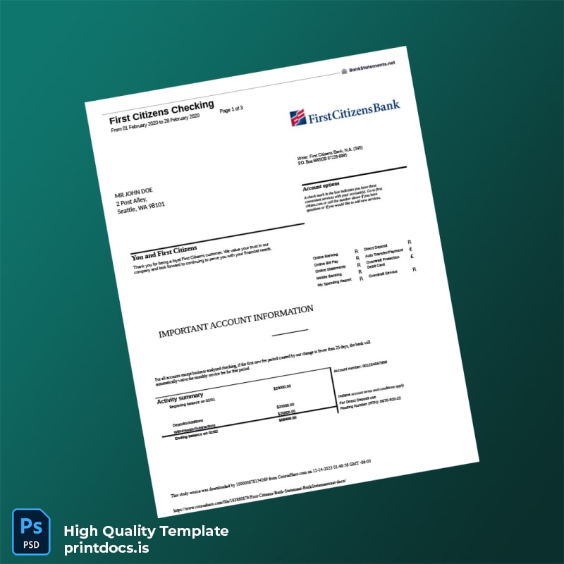 USA First Citizens Bank Statement Template in Word and PDF formats