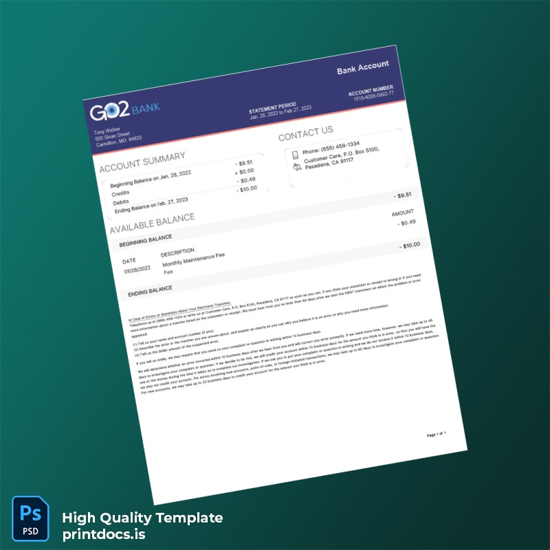 USA Go2 Bank Statement Template in Word and PDF formats