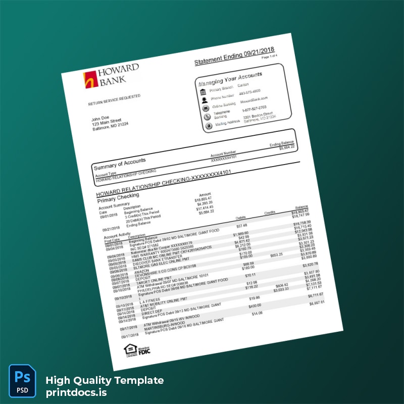 USA Howard Bank Statement Template in Word and PDF formats
