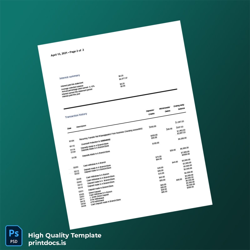 USA Huntington National Bank Statement Template in Word and PDF formats page 2