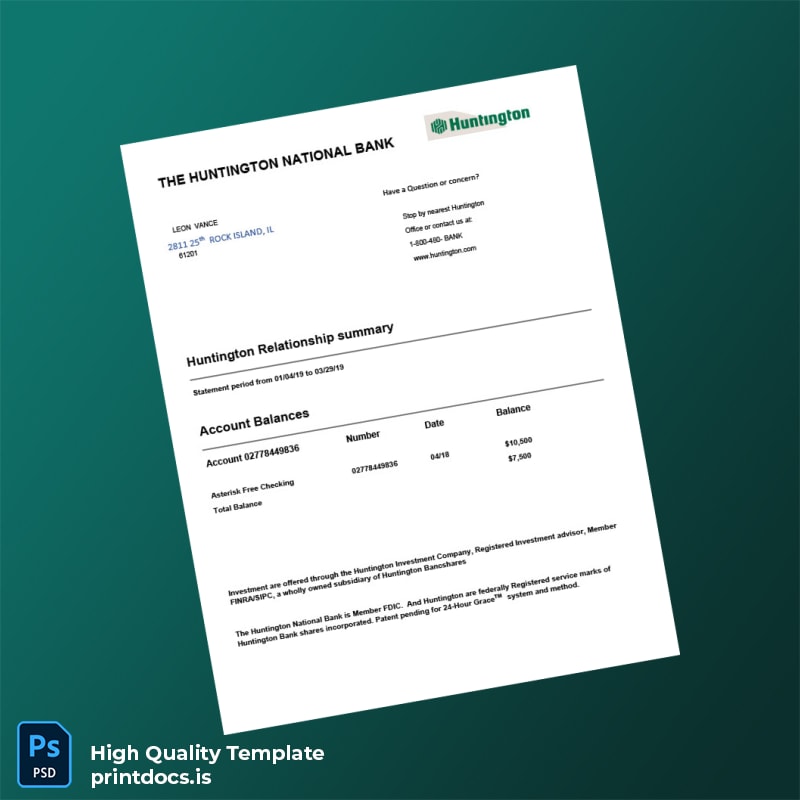 USA Huntington National Bank Statement Template in Word and PDF formats