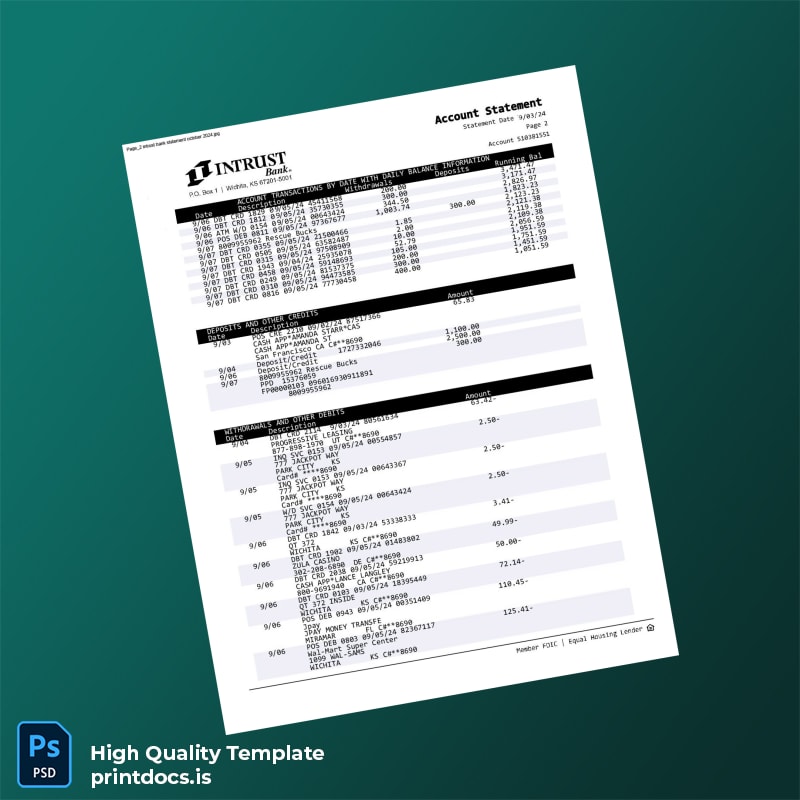 USA INTRUST Bank Statement Template in Word and PDF formats page 2