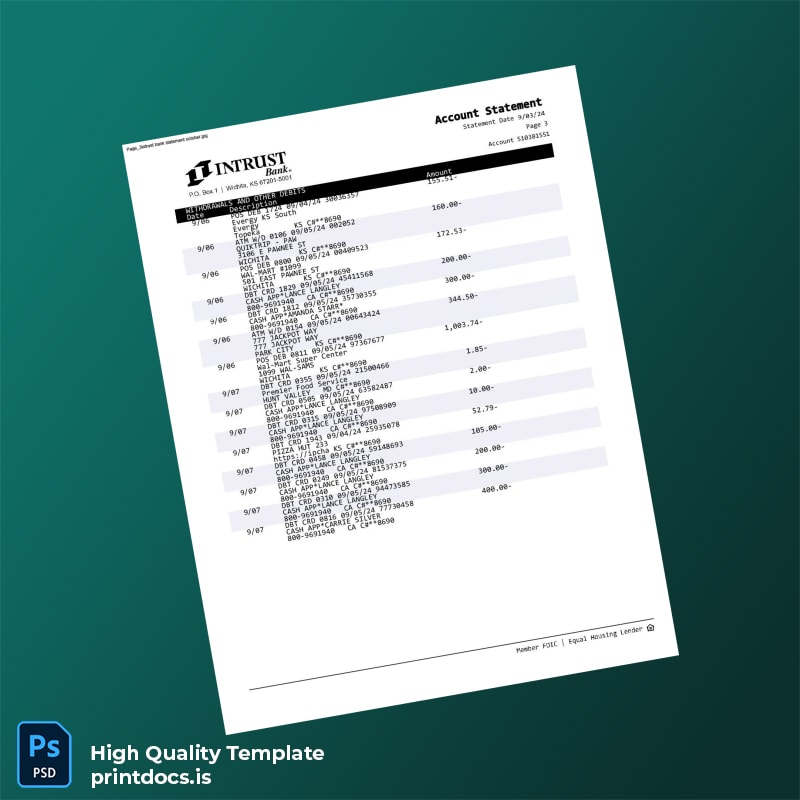 USA INTRUST Bank Statement Template in Word and PDF formats page 3
