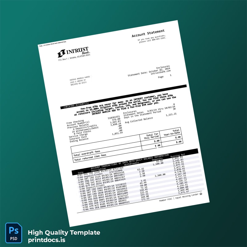 USA INTRUST Bank Statement Template in Word and PDF formats