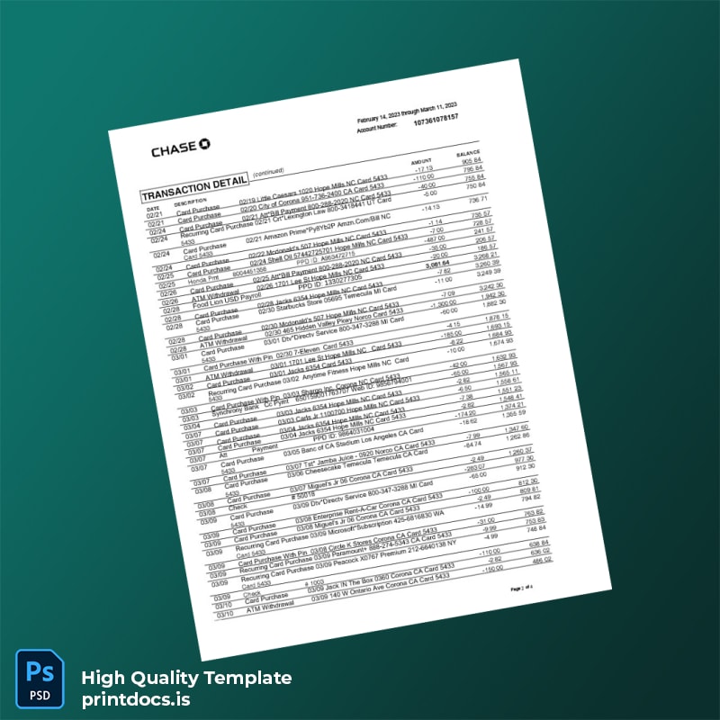 USA JPMorgan Chase Bank Statement Template in Word and PDF formats page 2