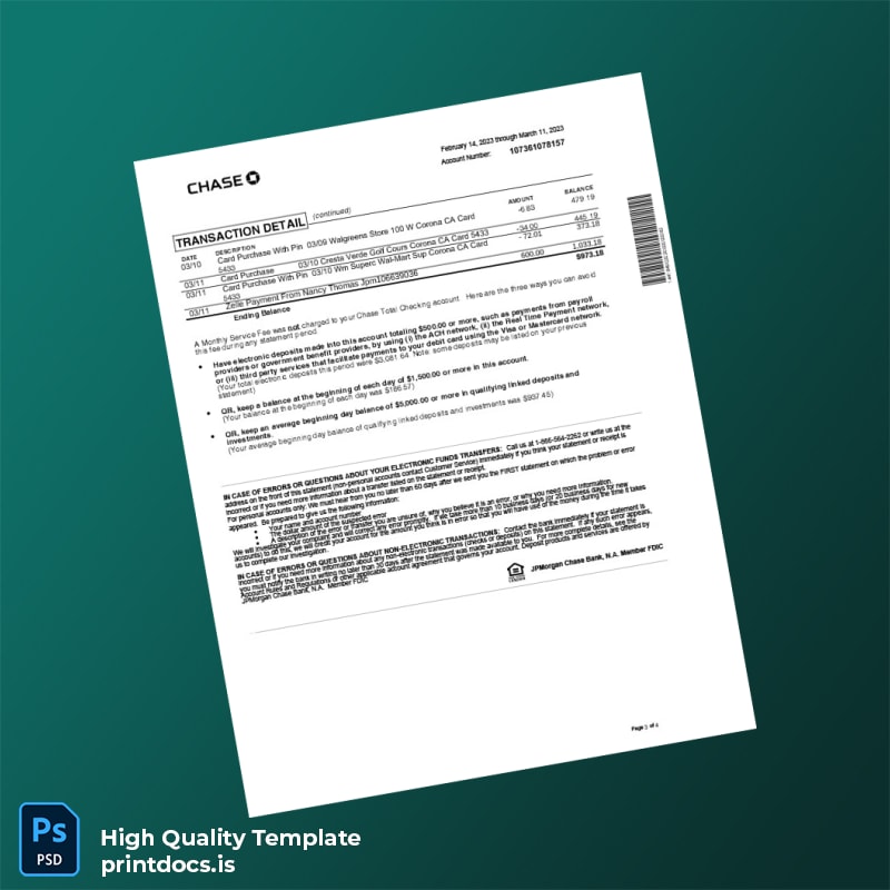 USA JPMorgan Chase Bank Statement Template in Word and PDF formats page 3