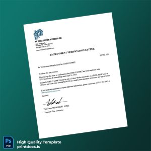 Printable USA KG Construction and Remodeling Employment Verification Letter Template (Word & PDF) Image Preview - PrintDocs
