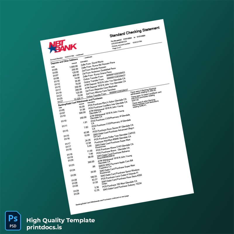 USA NBT Bank Statement Template in Word and PDF formats page 2