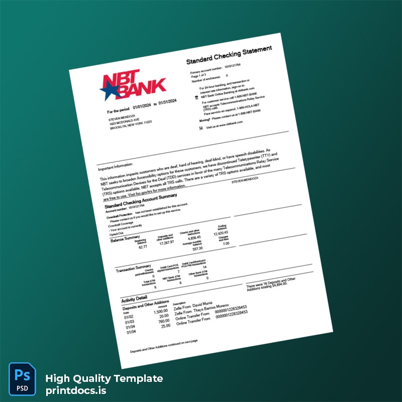 USA NBT Bank Statement Template in Word and PDF formats