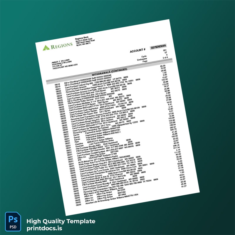 USA Regiones Bank Statement Template in Word and PDF formats page 2