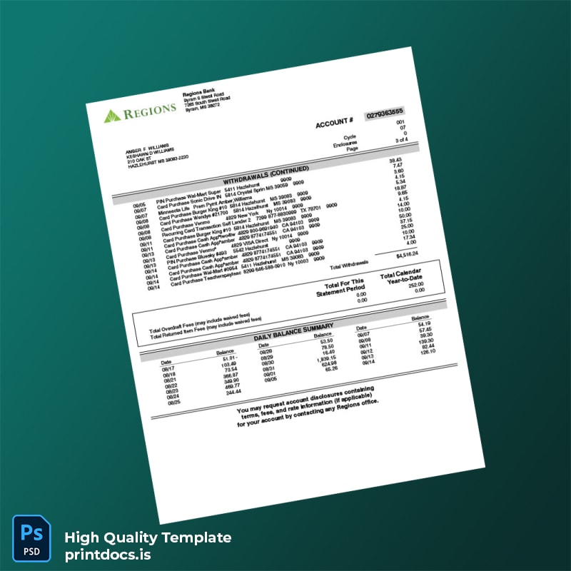 USA Regiones Bank Statement Template in Word and PDF formats page 3