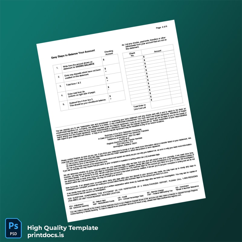 USA Regiones Bank Statement Template in Word and PDF formats page 4
