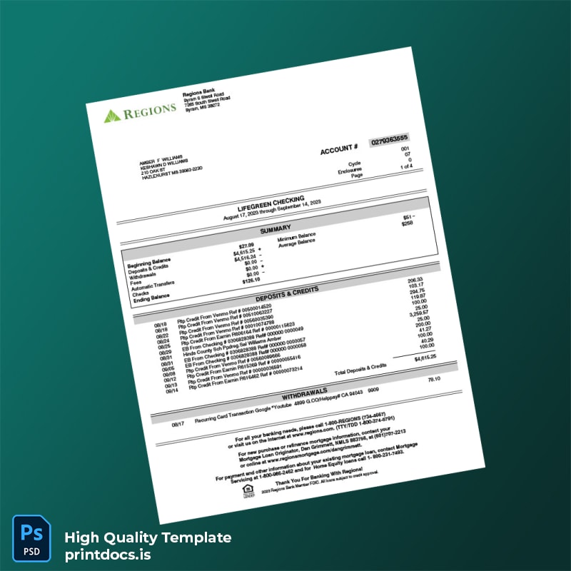 USA Regiones Bank Statement Template in Word and PDF formats