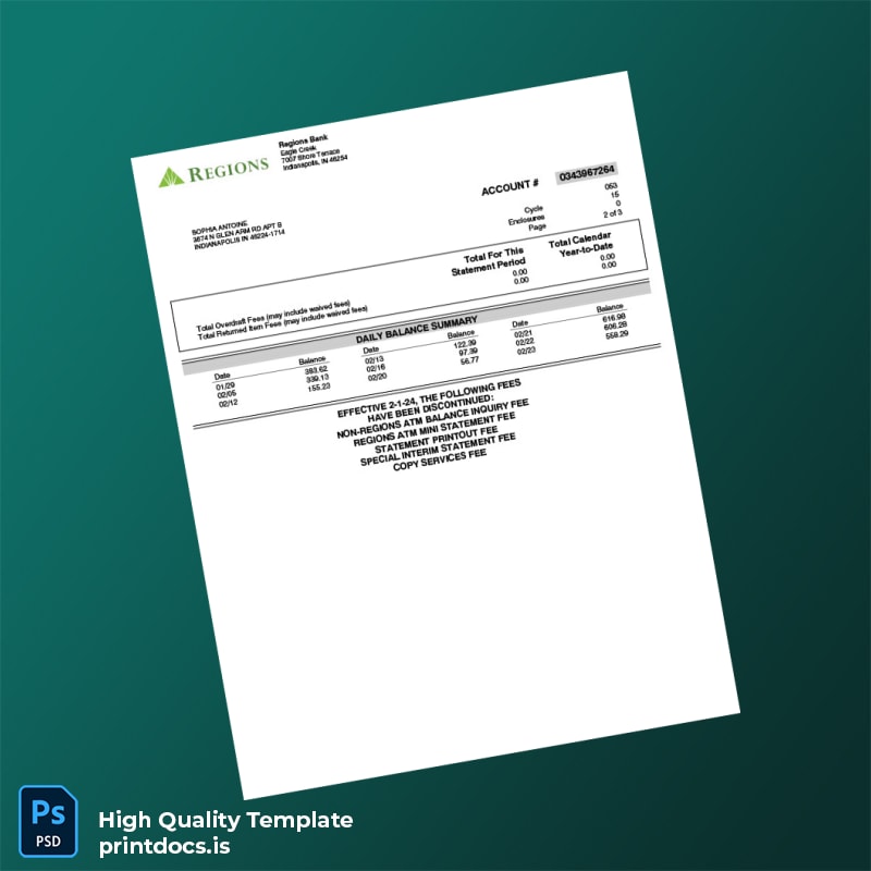 USA Regions Bank Personal Banking Statement Template in Word and PDF formats page 2