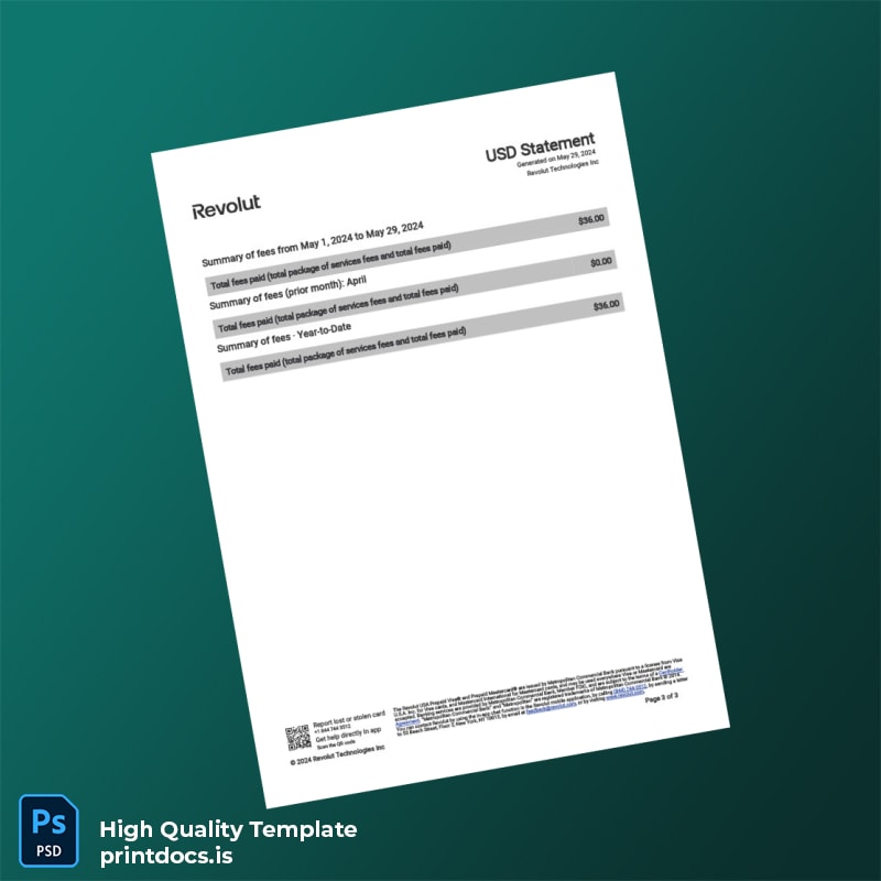 USA Revolut Account Statement Template in Word and PDF formats page 3