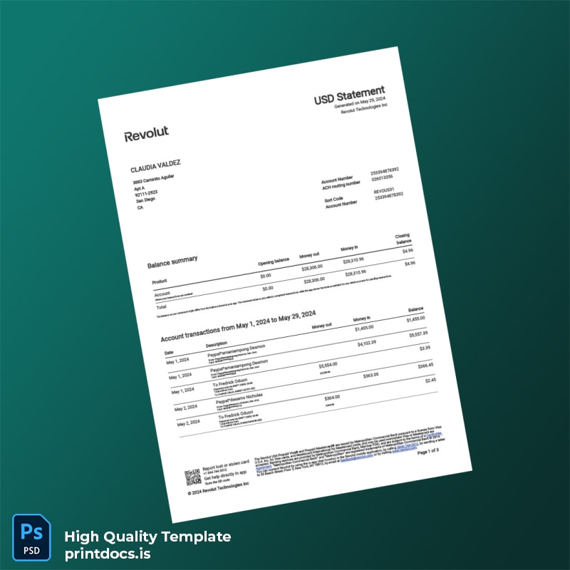 USA Revolut Account Statement Template in Word and PDF formats