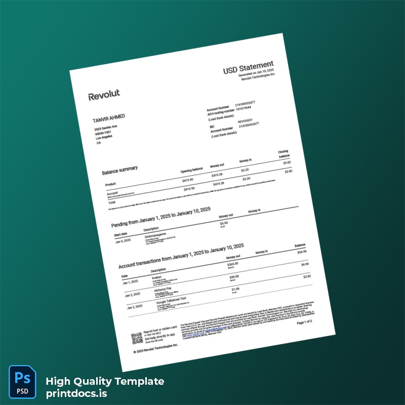 USA Revolut Bank Statement Template in Word and PDF formats
