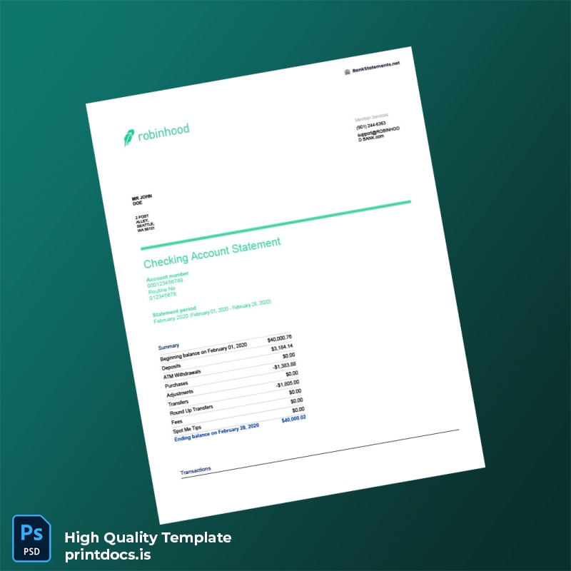 USA Robinhood Bank Statement Template in Word and PDF formats