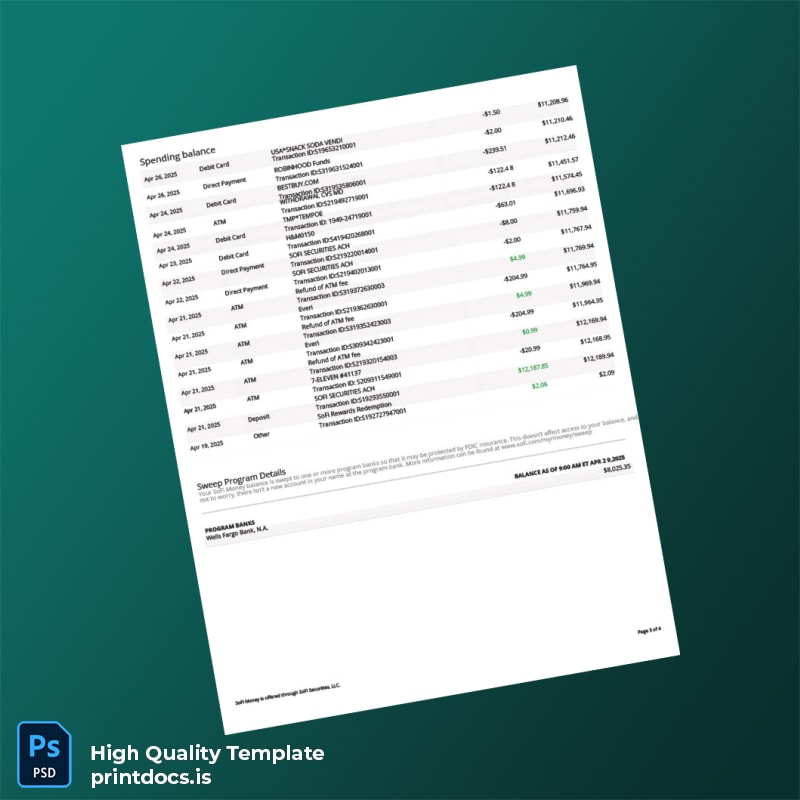 USA SOFI Bank Statement Template in Word and PDF formats page 3