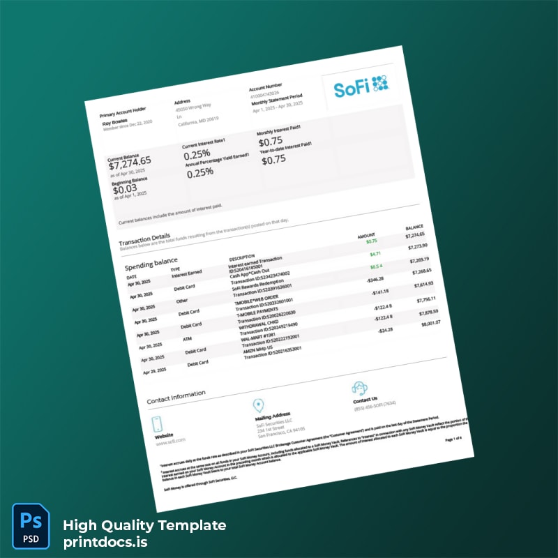 USA SOFI Bank Statement Template in Word and PDF formats