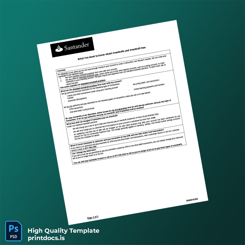 USA Santander Bank Statement Template in Word and PDF formats page 2