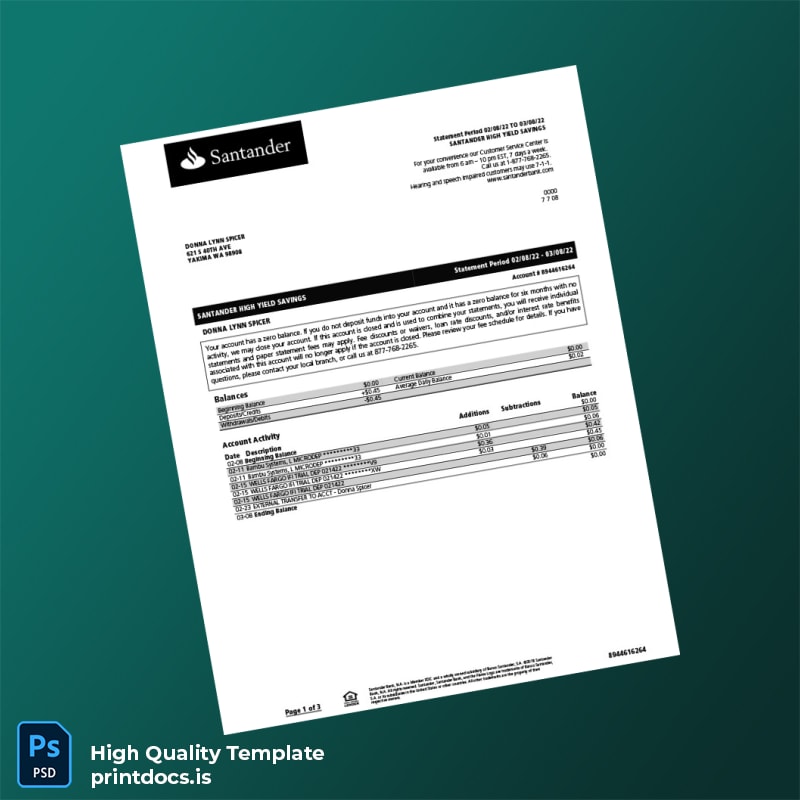 USA Santander Bank Statement Template in Word and PDF formats