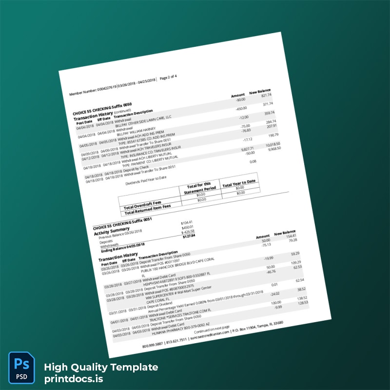 USA Suncoast Bank Statement Template in Word and PDF formats page 2