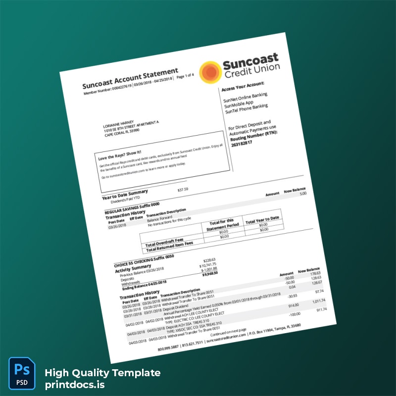 USA Suncoast Bank Statement Template in Word and PDF formats