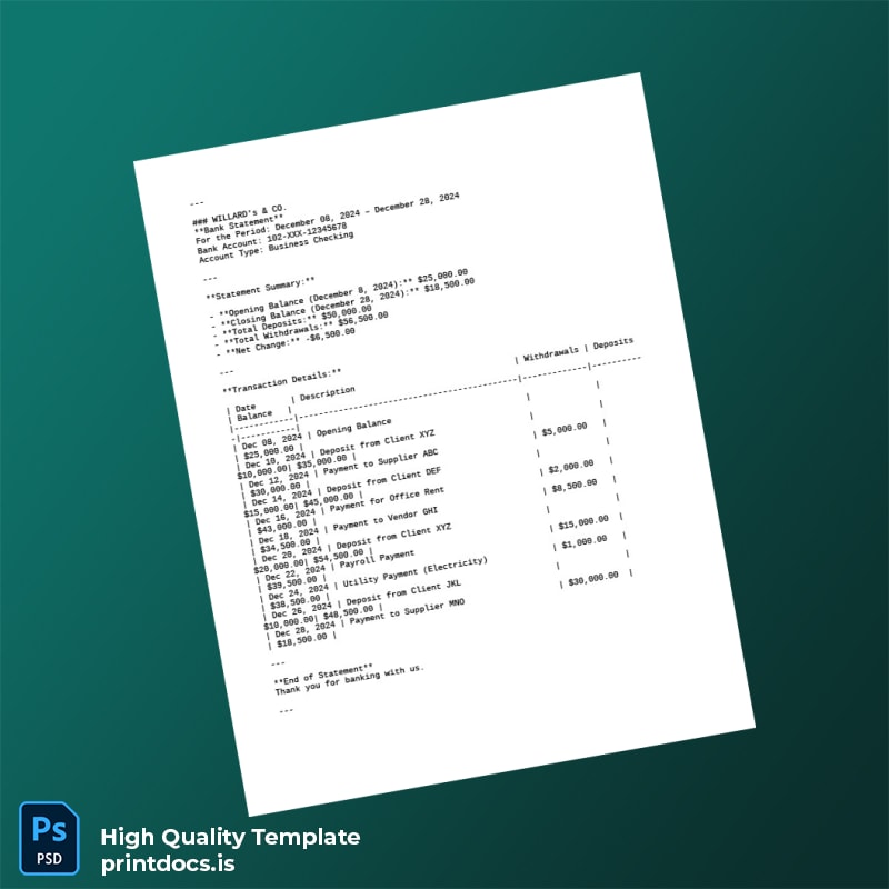 USA Willard s Co Bank Statement Template in Word and PDF formats