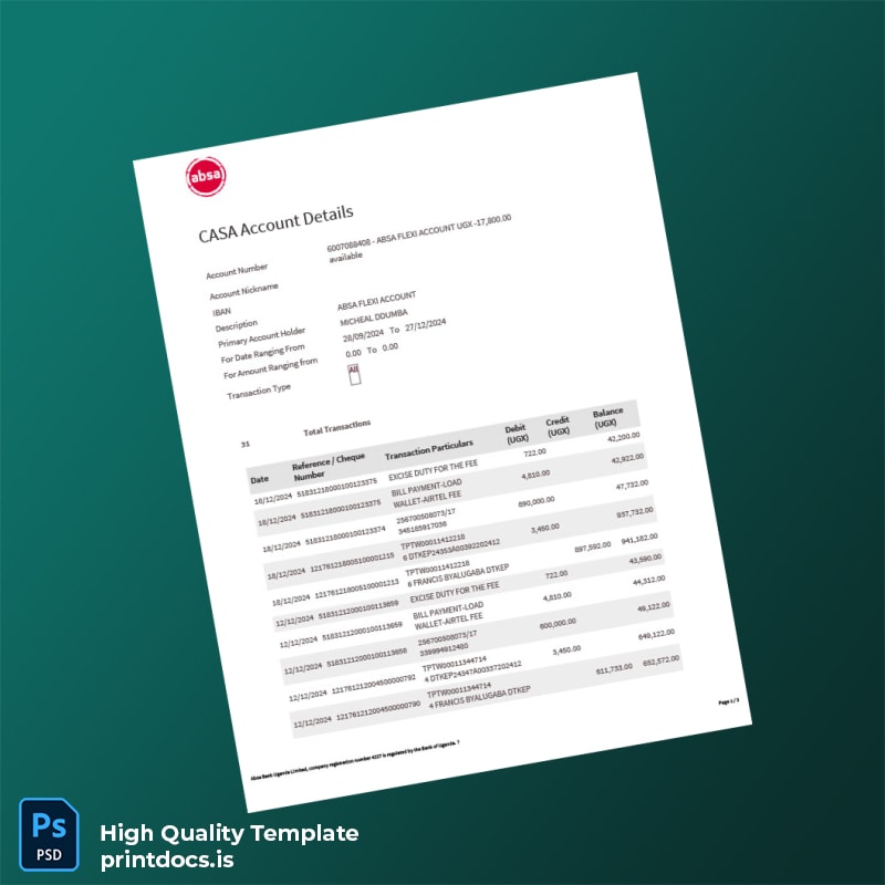 Uganda Absa Bank Statement Template in Word and PDF formats
