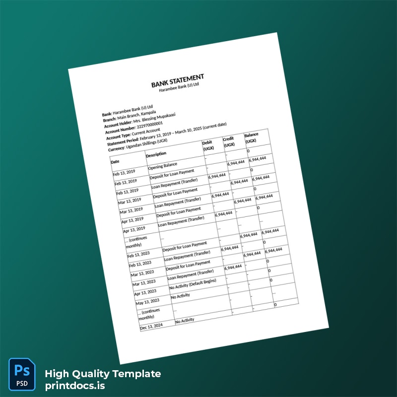 Uganda Harambee Bank Statement Template in Word and PDF formats