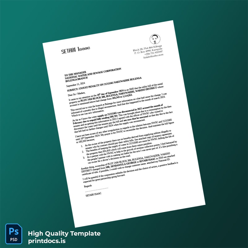 Uganda National Water And Sewage Corporation Editable Utility Bill Template in Word and PDF formats