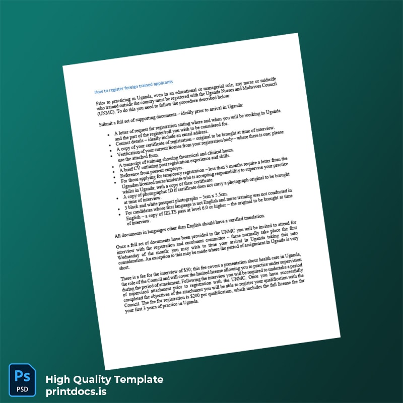 Printable Uganda Nurses and Midwives Council Registration Certificate Template in Word and PDF formats page 2 Image Preview - PrintDocs