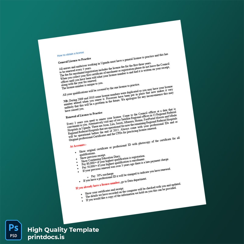 Printable Uganda Nurses and Midwives Council Registration Certificate Template in Word and PDF formats page 3 Image Preview - PrintDocs