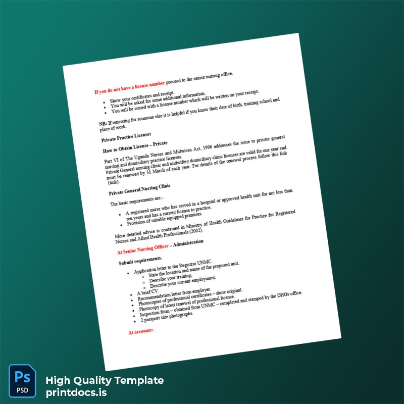 Printable Uganda Nurses and Midwives Council Registration Certificate Template in Word and PDF formats page 4 Image Preview - PrintDocs